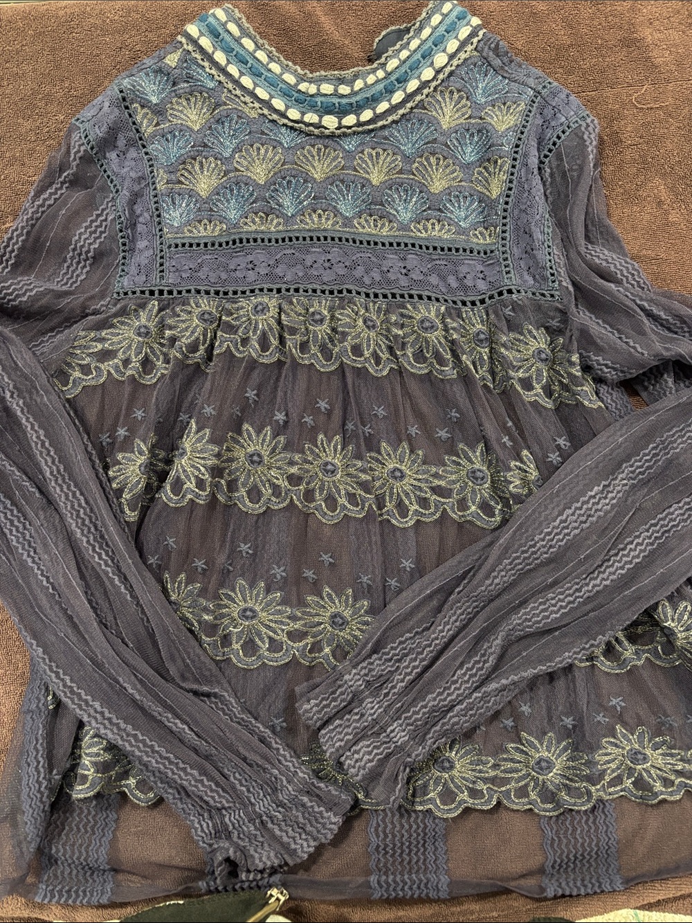 Blank London Embroidered Sheer Floral Boho Top in Dusty Blue